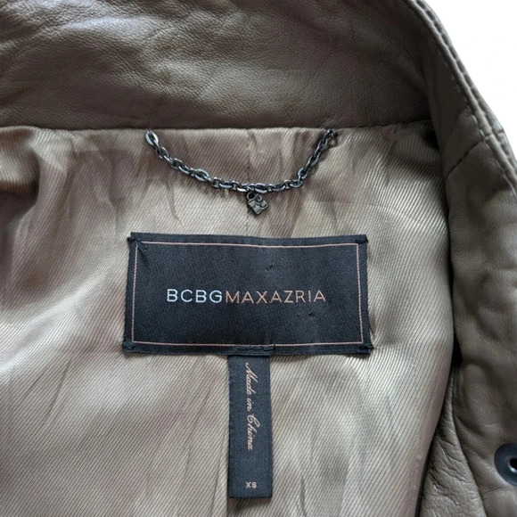 BCBGMaxazria Leather Jacket Tart Taupe Light Brown Moto Crop Women's Extra Small - Picture 11 of 13
